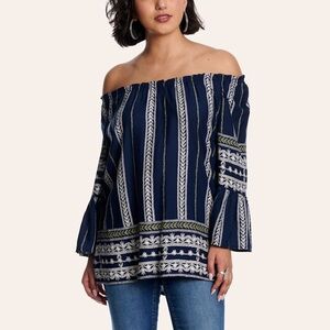 Magnolia Lane Navy Bell Sleeve Border Print Top